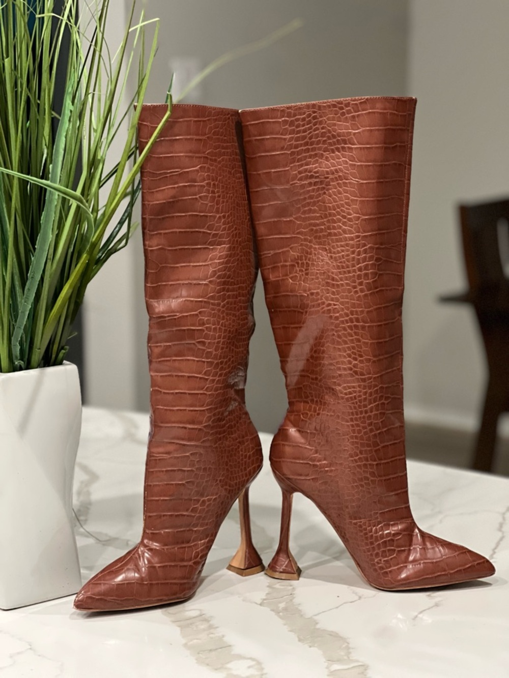 Croc-Embossed Pointed-Toe Knee Boots in Rust Brown please read below